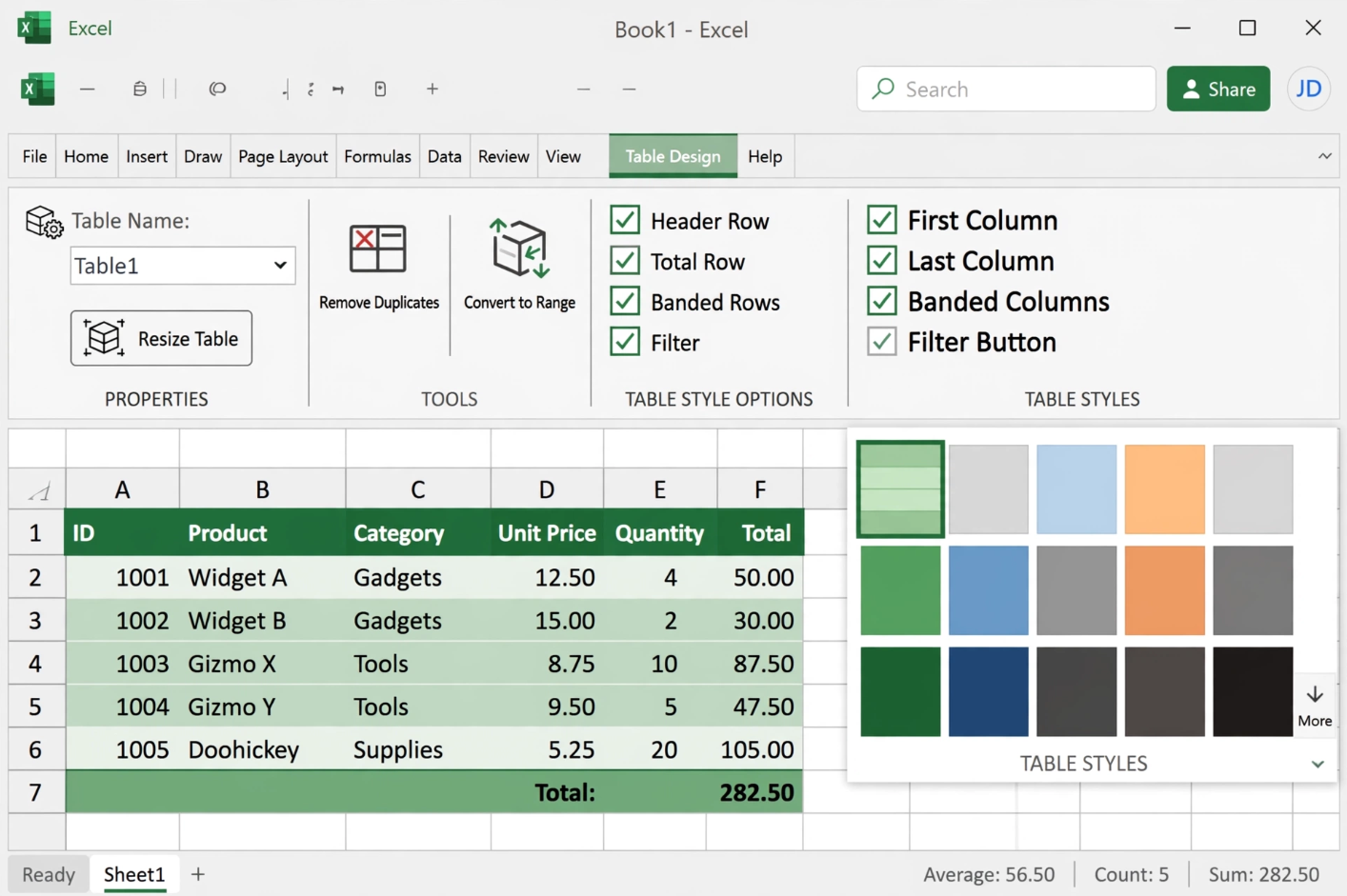Excel Table Design Tab and Options