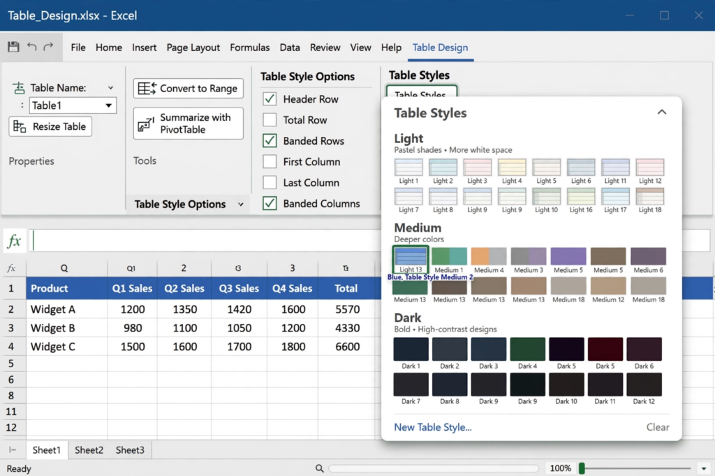Excel Table Styles Gallery