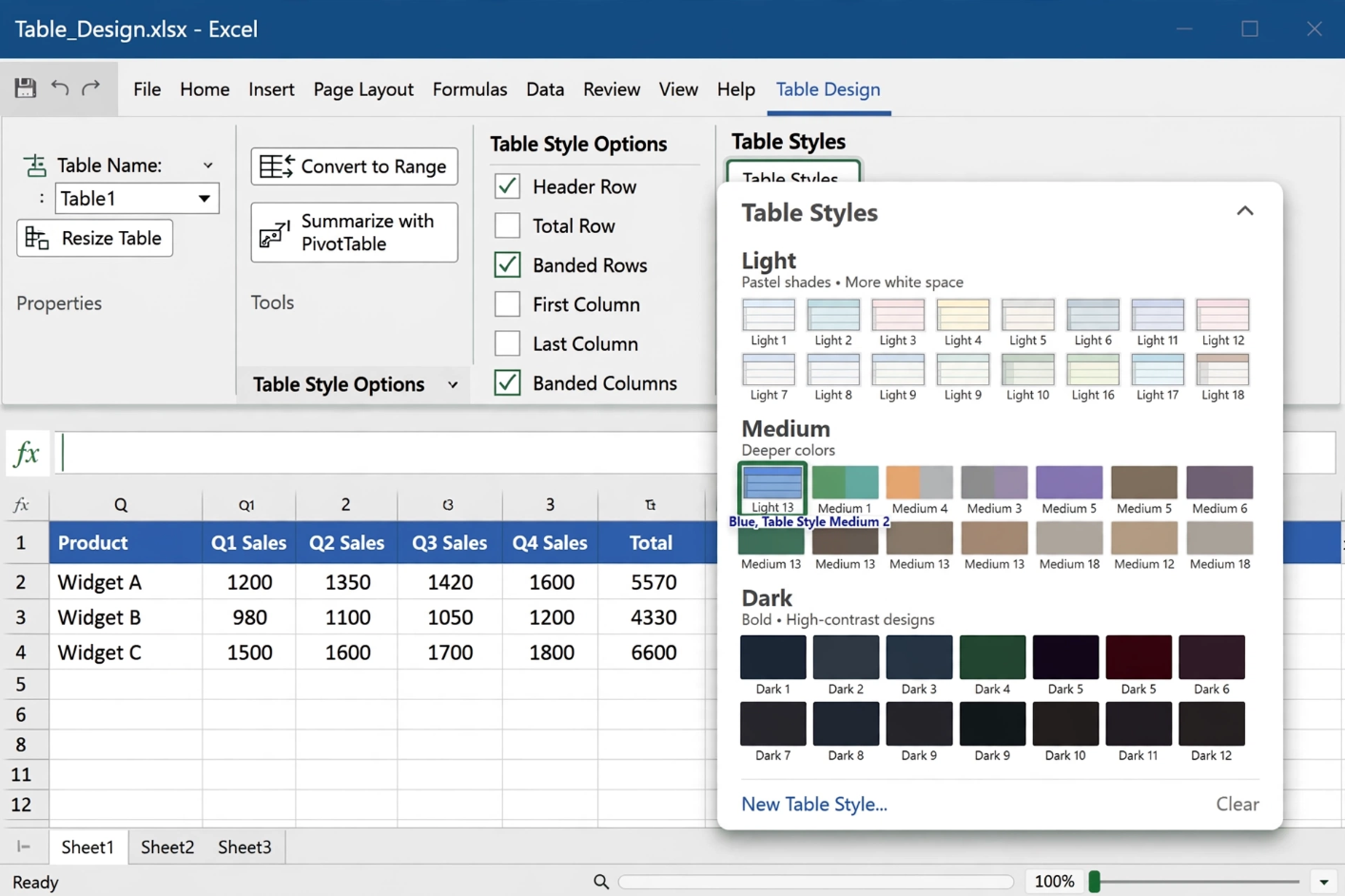 Excel Table Styles Gallery