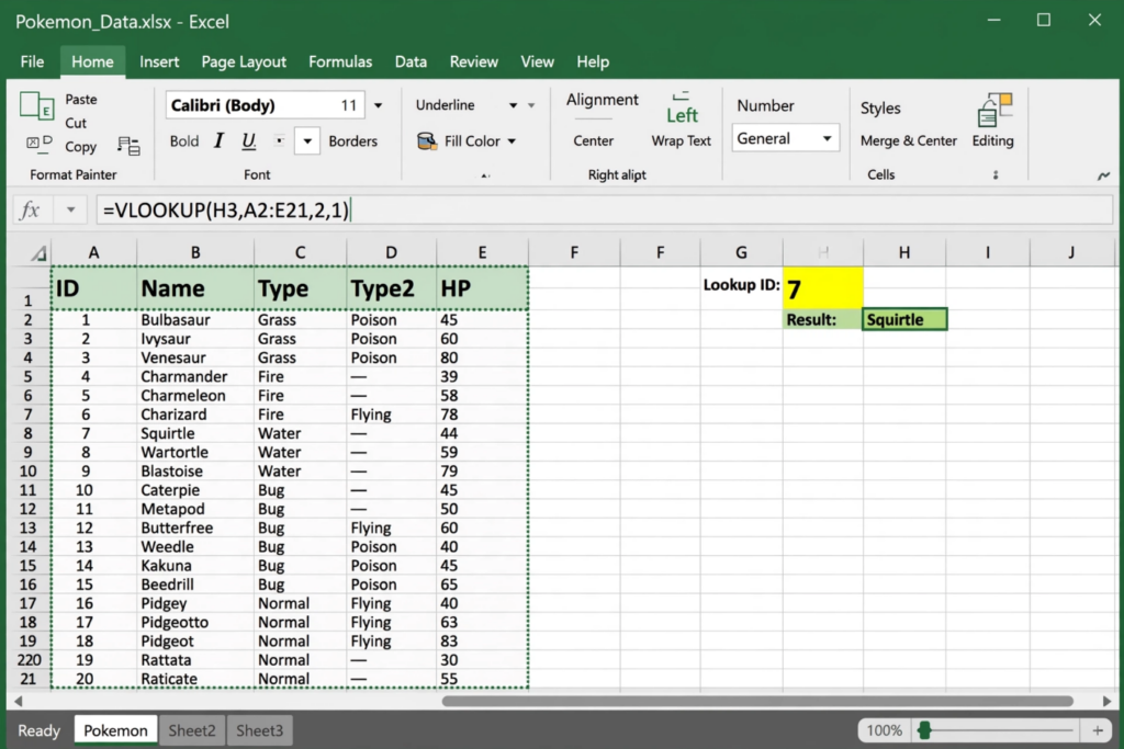 Excel VLOOKUP Finding Pokemon by ID
