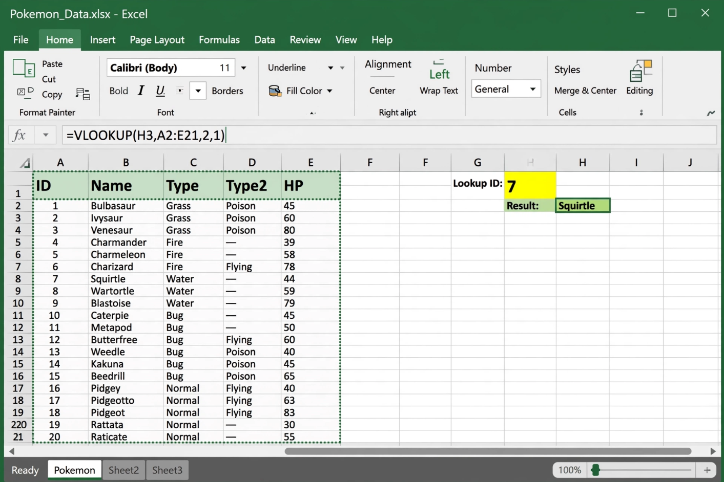 Excel VLOOKUP Finding Pokemon by ID