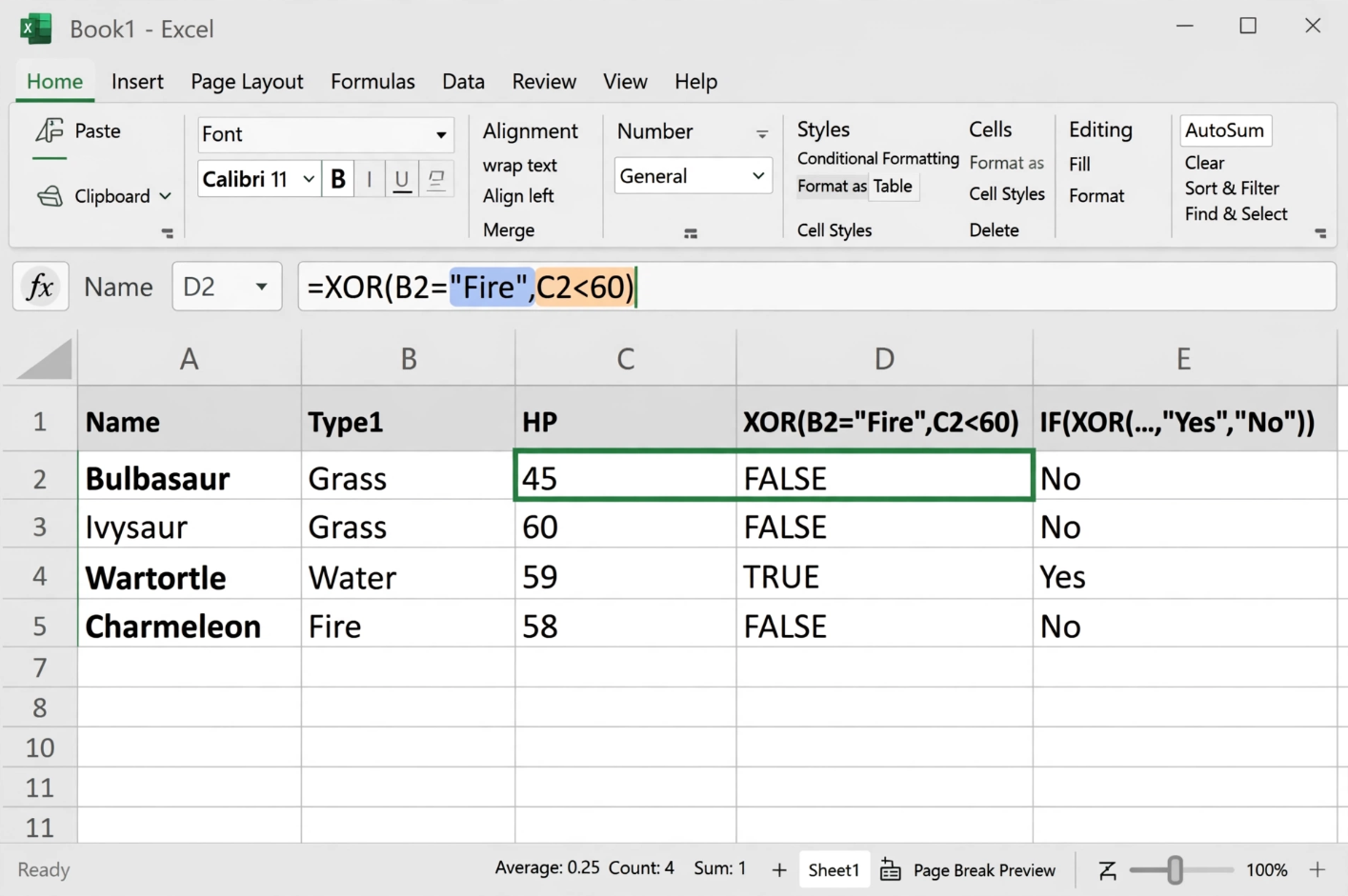 Excel XOR Function with Pokemon Data