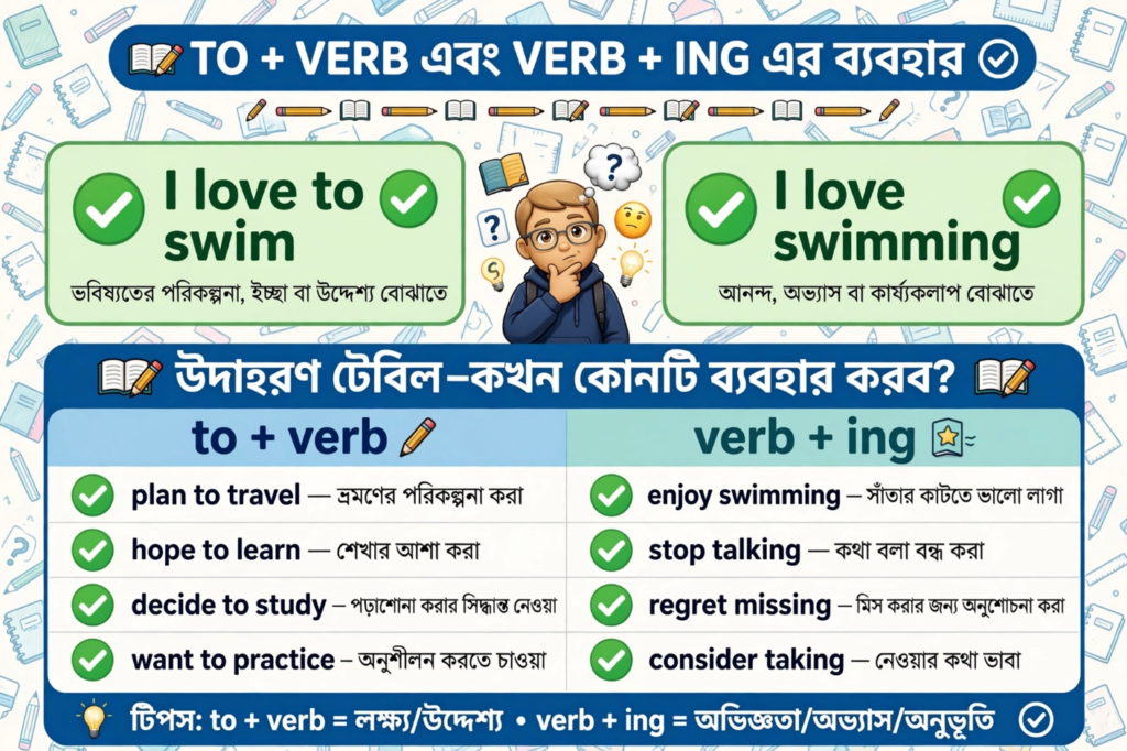 Gerund vs Infinitive কখন TO (to + verb) আর কখন ING (verb + ing) ব্যবহার করবেন (১০০+ উদাহরণ ও কুইজ)
