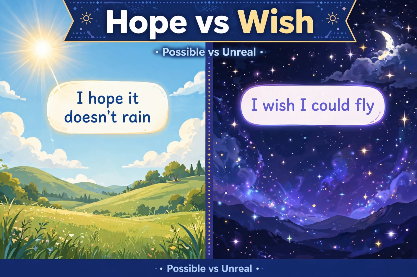 Hope এবং Wish-এর মধ্যে পার্থক্য কখন কোনটি ব্যবহার করবেন (সহজ ব্যাখ্যা ও কুইজ)