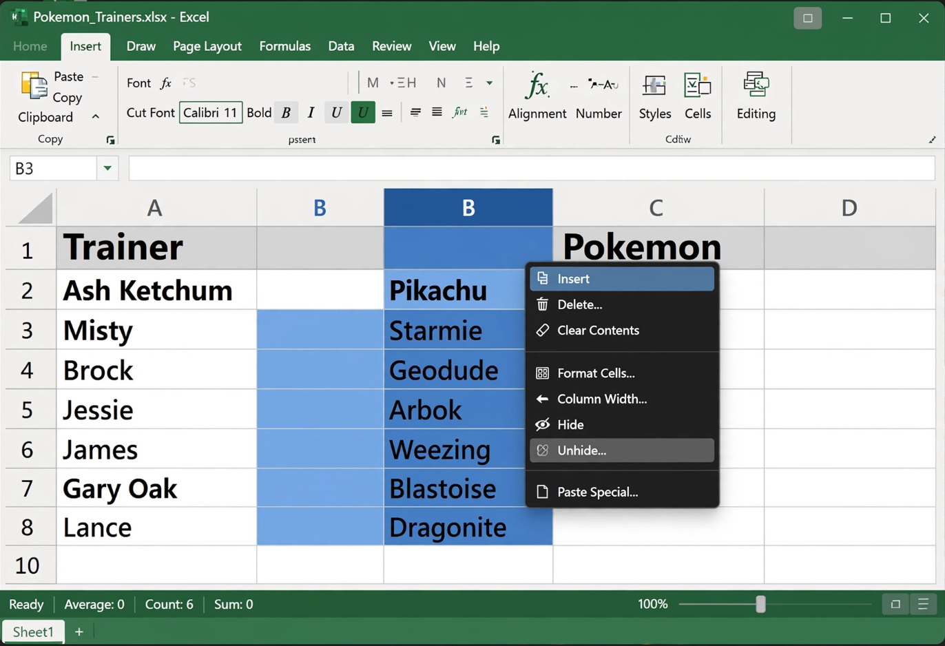 Inserting a New Column in Excel with Pokemon Data