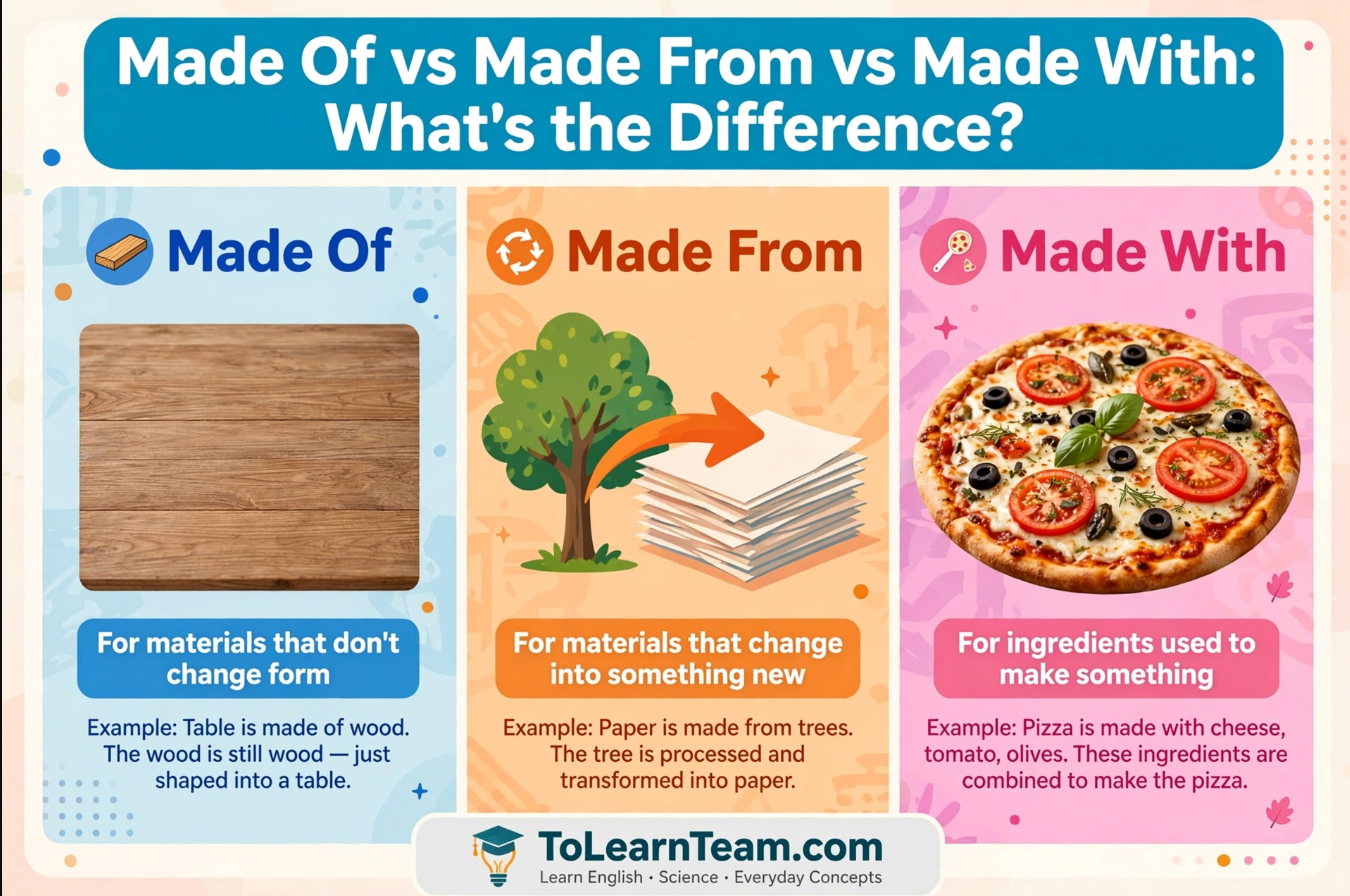 Made Of Made From Made With – এই তিনটি Phrase আর কখনোই গুলিয়ে ফেলবেন না! English Grammar-এর সহজ সমাধান
