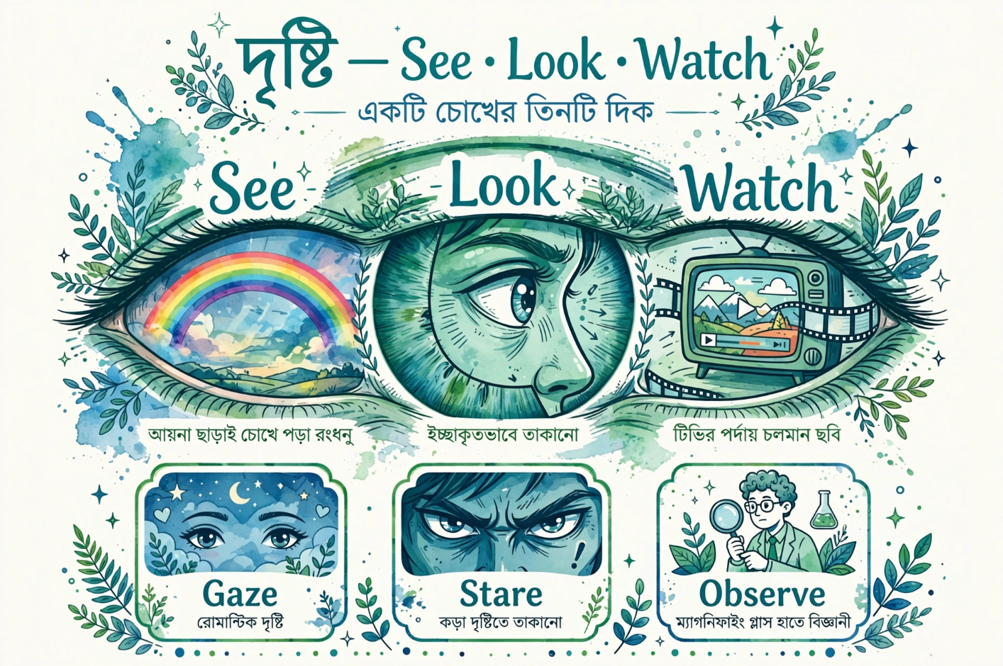 See, Look ও Watch-এর সঠিক ব্যবহার চোখের ইংরেজি ৬টি দরকারি Verb একসাথে শিখুন (Gaze, Stare, Observe সহ)