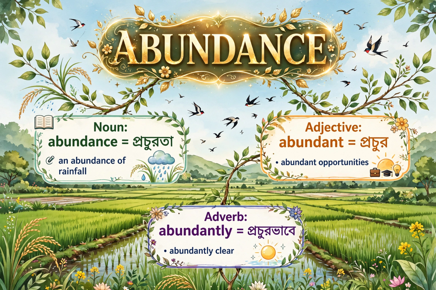 abundance word family noun adjective adverb with Bengali examples