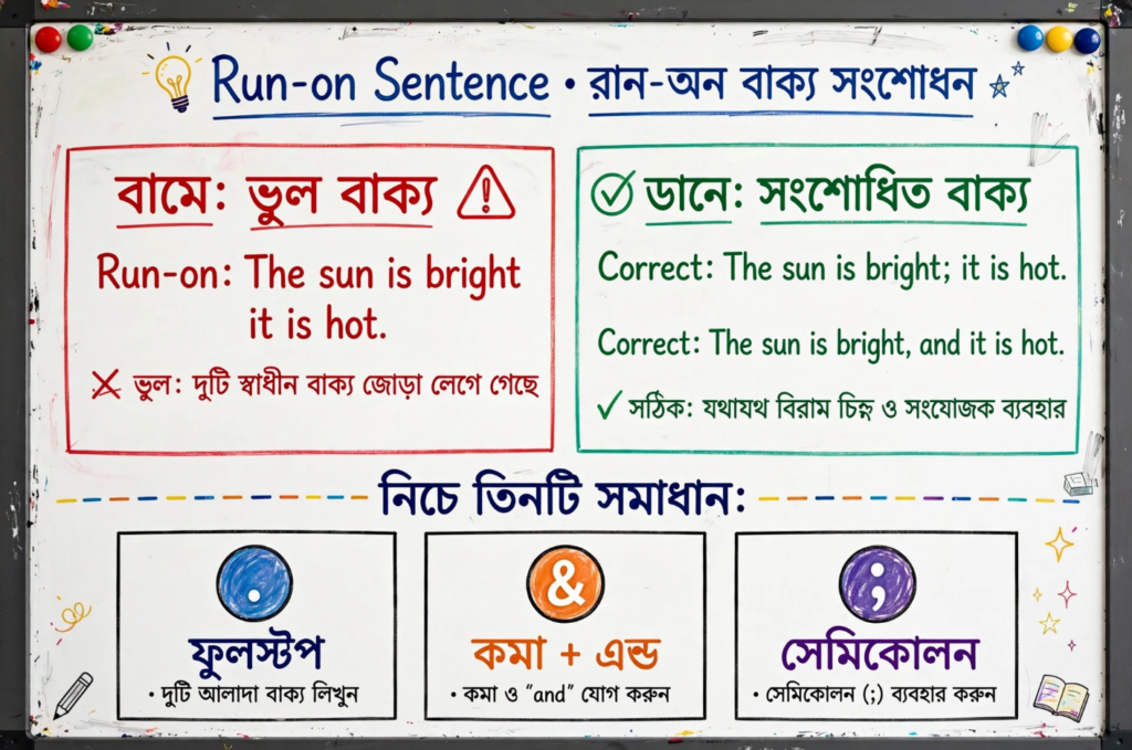 run-on sentence comma splice bengali guide fix with period semicolon conjunction
