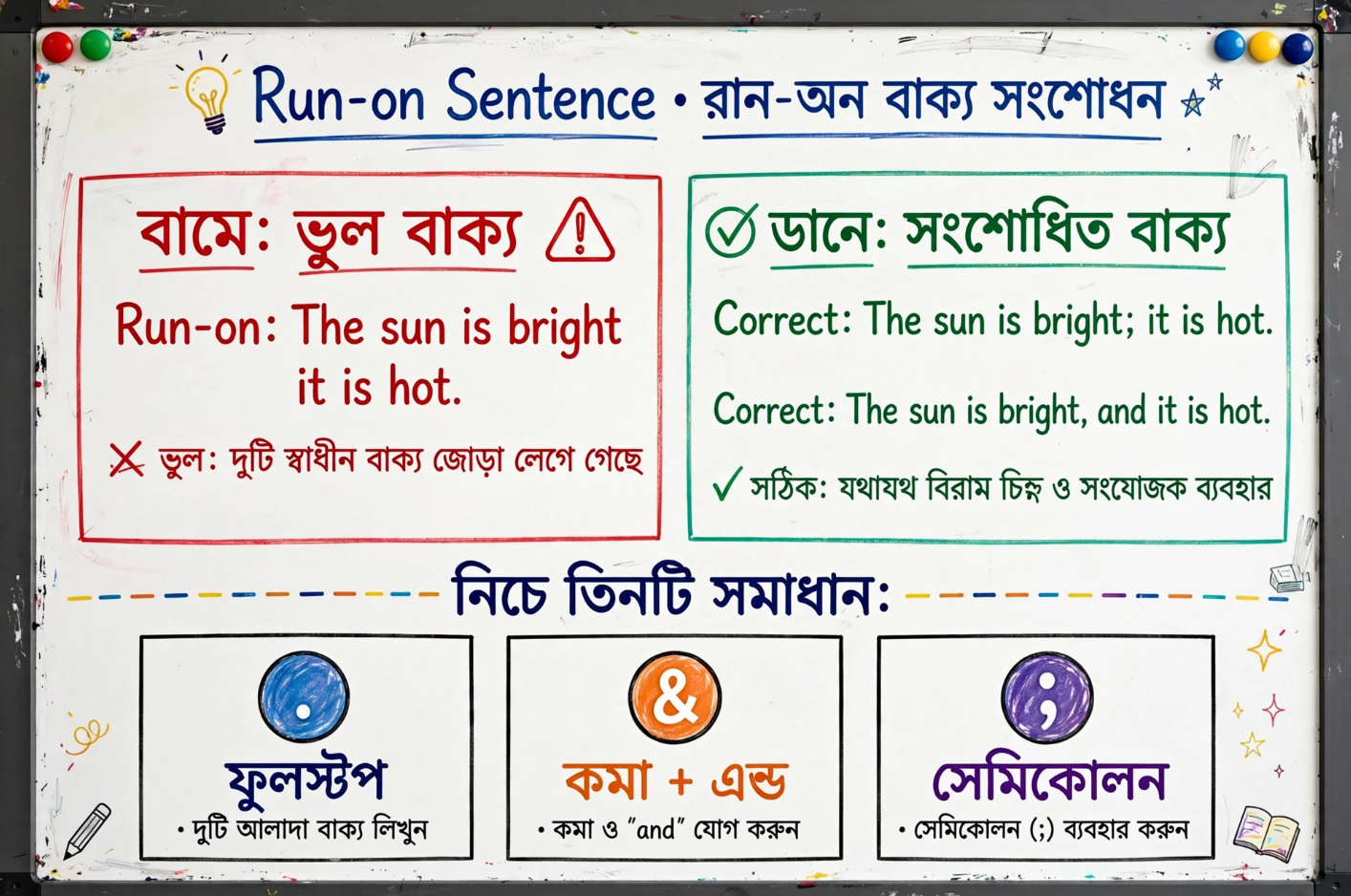 run-on sentence comma splice bengali guide fix with period semicolon conjunction
