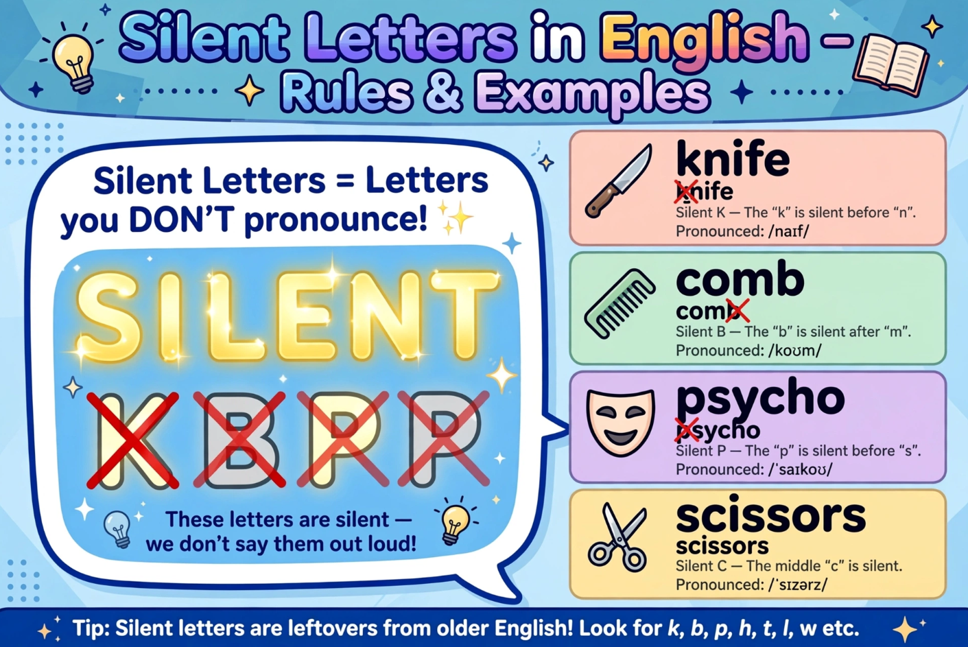 ইংরেজি Silent Letters (নীরব বর্ণ)-এর ১০টি সহজ নিয়ম ও ৮০টির বেশি উদাহরণ