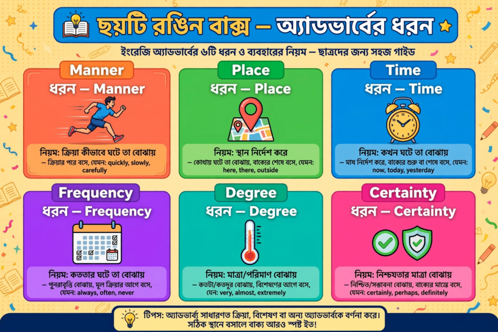 ইংরেজি অ্যাডভার্ব (Adverb) সম্পূর্ণ গাইড ৬ প্রকার ও বাক্যে এদের সঠিক স্থান