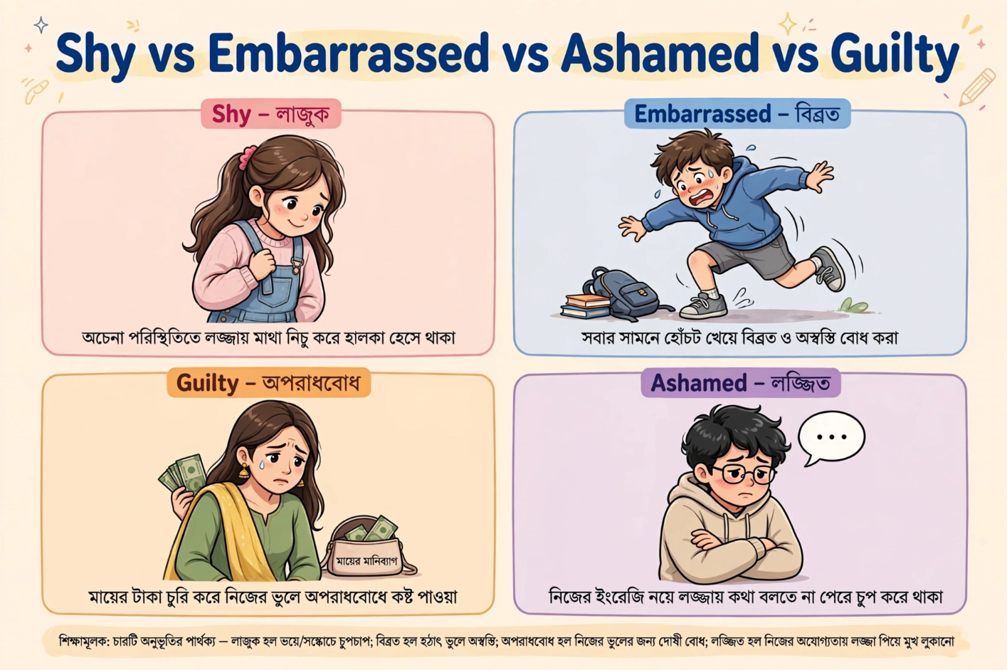 ইংরেজিতে Shy, Embarrassed, Ashamed, Guilty – এই চারটি অনুভূতির পার্থক্য একদম সহজভাবে জেনে নিন