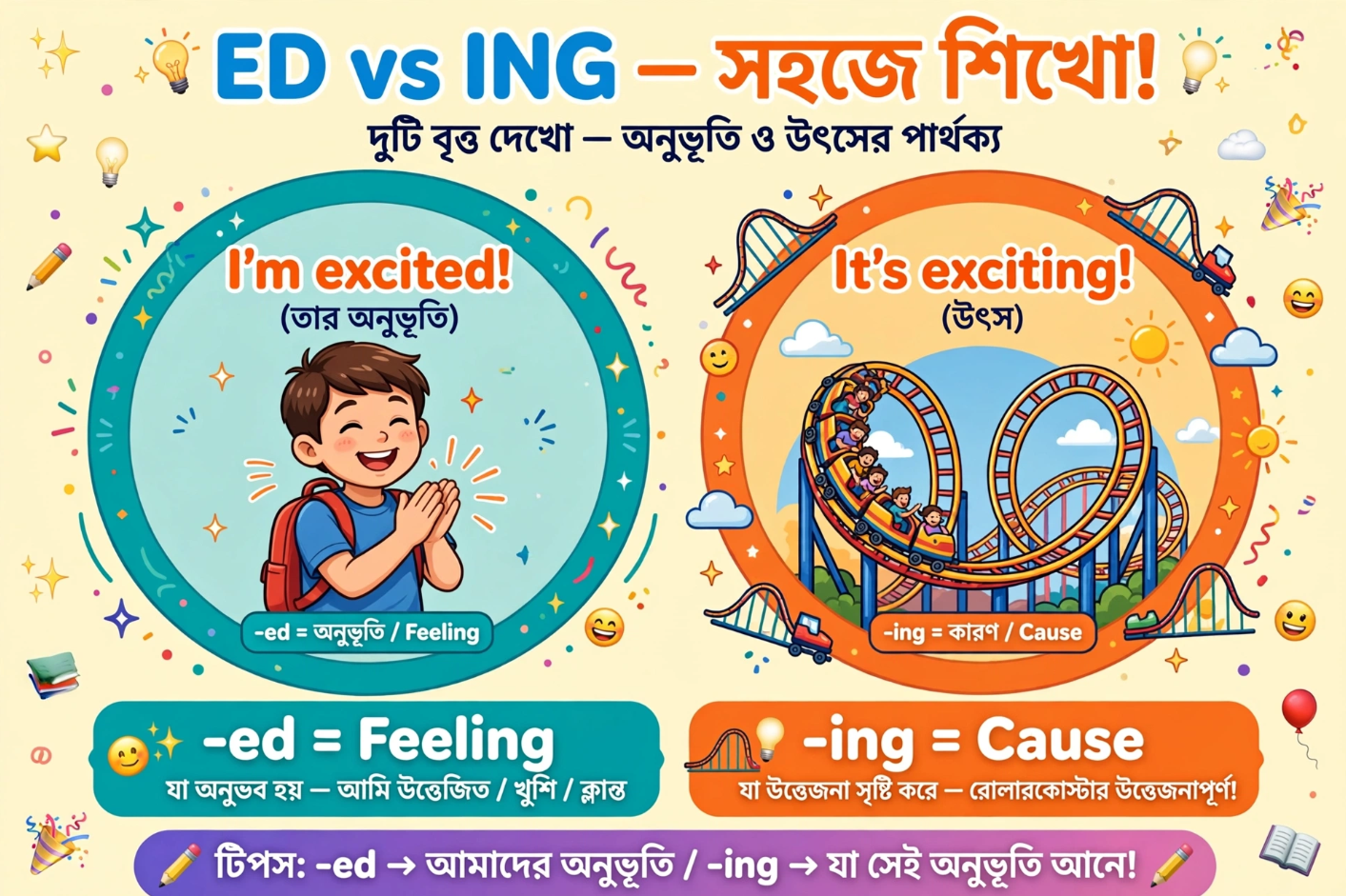 ইংরেজিতে -ed এবং -ing Adjectives-এর সঠিক ব্যবহার Excited নাকি Exciting (বাংলায় সহজ ব্যাখ্যা ও উদাহরণ)