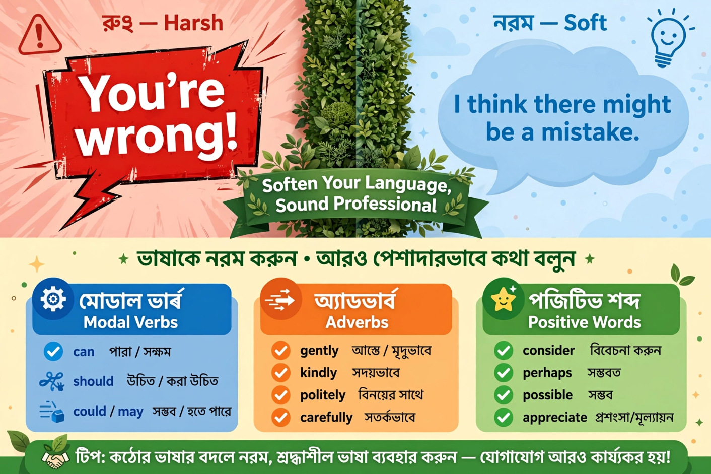 ইংরেজিতে ভদ্র ও পেশাদার শোনার কৌশল Hedging Language (সফটেনিং ল্যাঙ্গুয়েজ) কী ও কেন শিখবেন
