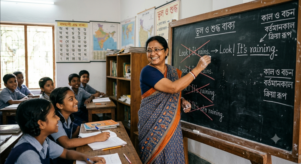 A classroom setting with a chalkboard showing incorrect and corrected sentences like 'Look! It rains' crossed out and replaced by 'Look! It's raining', illustrating common English tense mistakes.