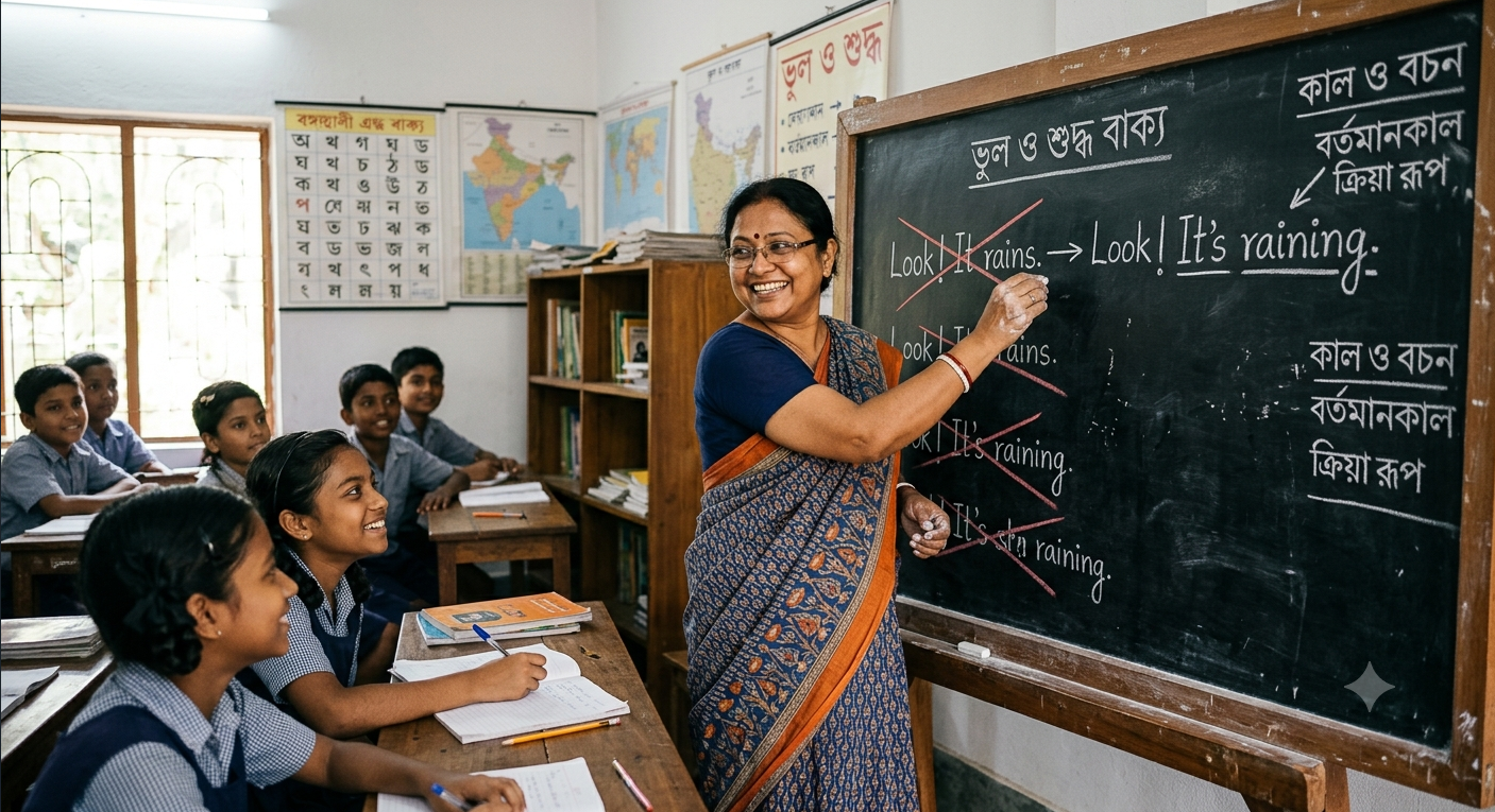 A classroom setting with a chalkboard showing incorrect and corrected sentences like 'Look! It rains' crossed out and replaced by 'Look! It's raining', illustrating common English tense mistakes.