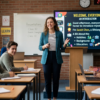 A speaker giving a self-introduction in a classroom, with presentation slides showing extended English phrases for greetings, name, place, hobby, and future plan.
