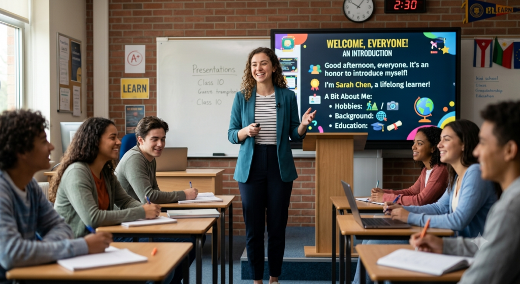 A speaker giving a self-introduction in a classroom, with presentation slides showing extended English phrases for greetings, name, place, hobby, and future plan.