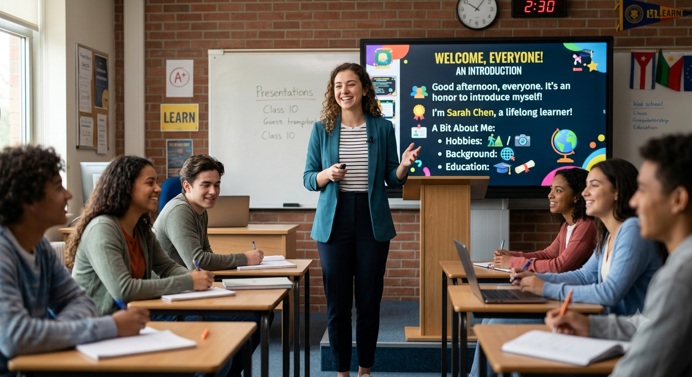 A speaker giving a self-introduction in a classroom, with presentation slides showing extended English phrases for greetings, name, place, hobby, and future plan.