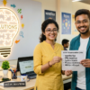 A young man and woman discussing a list of possible solutions with a glowing lightbulb in the background, representing phrasal verbs for problems and solutions.