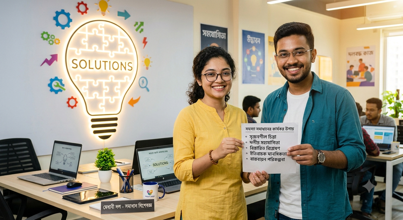 A young man and woman discussing a list of possible solutions with a glowing lightbulb in the background, representing phrasal verbs for problems and solutions.