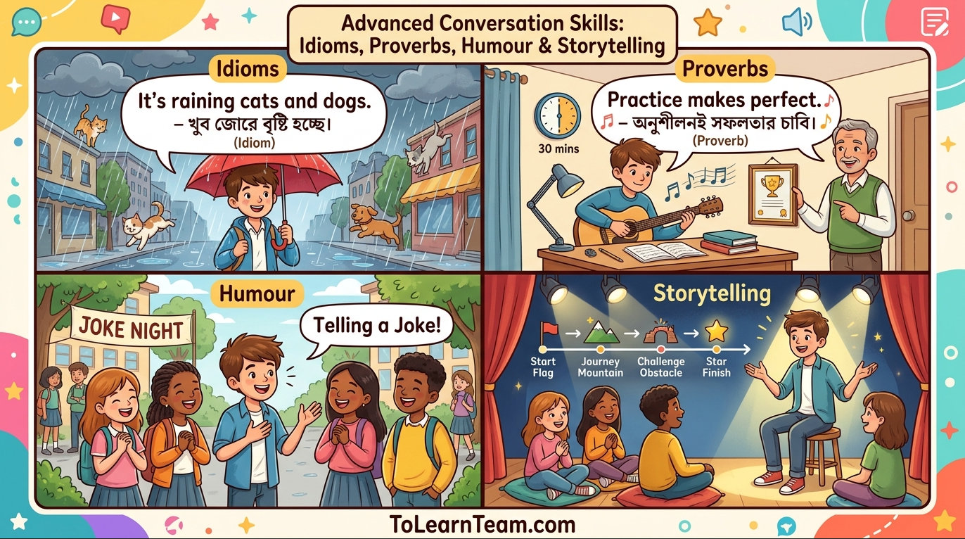 Advanced English conversation skills common idioms, proverbs, humour, jokes, and storytelling with Bangla meanings – Spoken English for Bengali learners.