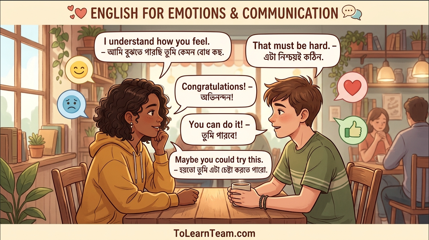 Advanced English for emotions and communication with Bangla meaning – empathy, compliments, encouragement, polite criticism, apologizing, conflict management for Bengali learners.