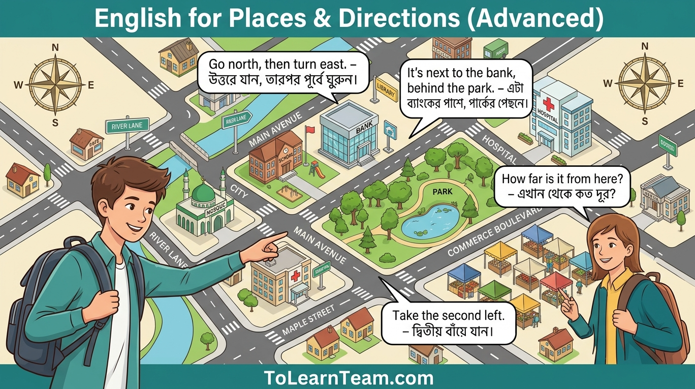 Advanced English for places and directions with Bangla meaning – map reading, compass directions, prepositions of place, detailed directions for Bengali learners.