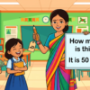 Kids learning Asking About Cost and Answer with 100+ examples in English grammar with Bangla meanings and pronunciation in a colorful classroom illustration.