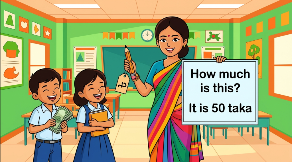 Kids learning Asking About Cost and Answer with 100+ examples in English grammar with Bangla meanings and pronunciation in a colorful classroom illustration.