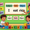 Kids learning Basic Structures of Sentences in English grammar with Bangla meanings and pronunciation in a colorful classroom illustration.