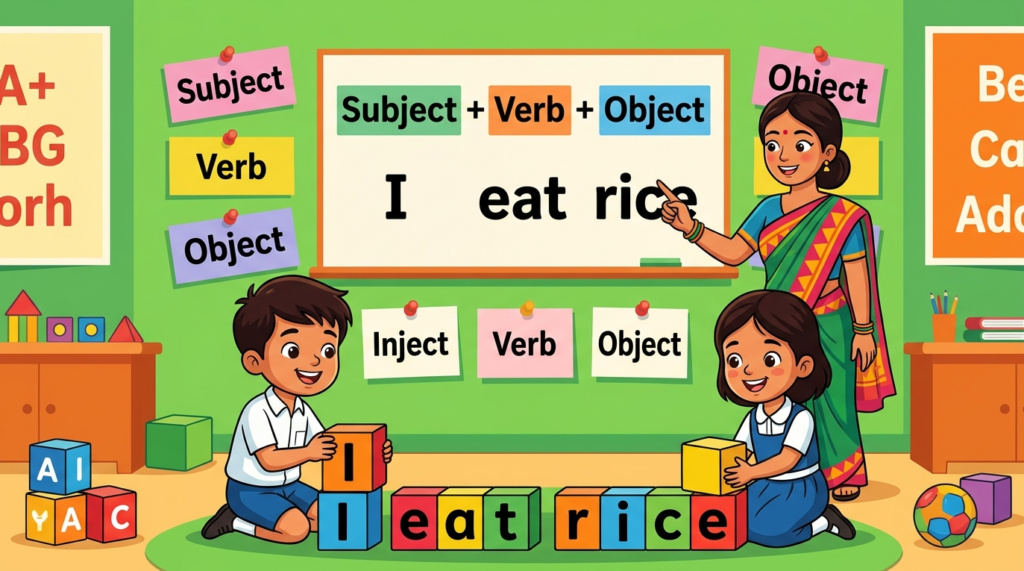 Kids learning Basic Structures of Sentences in English grammar with Bangla meanings and pronunciation in a colorful classroom illustration.