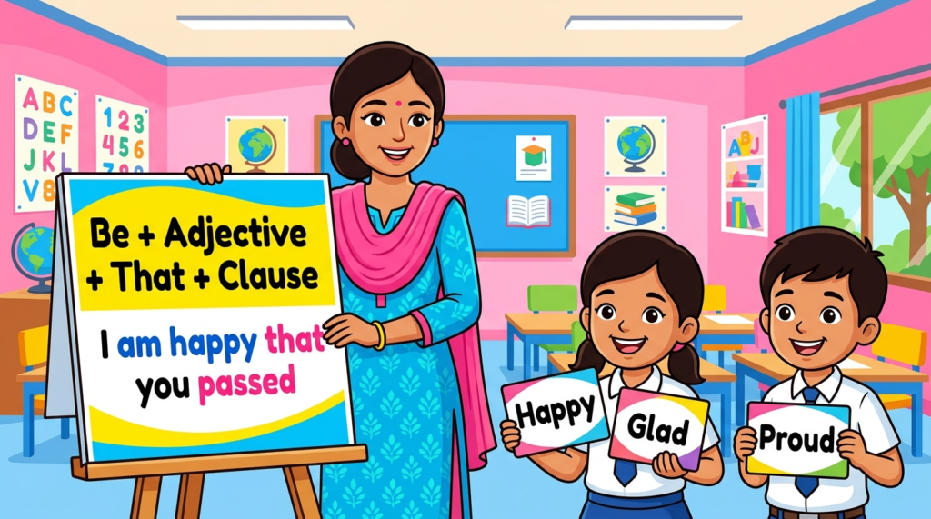 Kids learning Be + Adjective + That + Clause with 100+ examples in English grammar with Bangla meanings and pronunciation in a colorful classroom illustration.