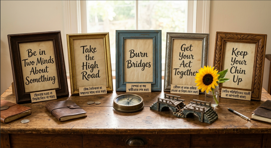 Be in two minds about something, Take the high road, Burn bridges, Get your act together, Keep your chin up