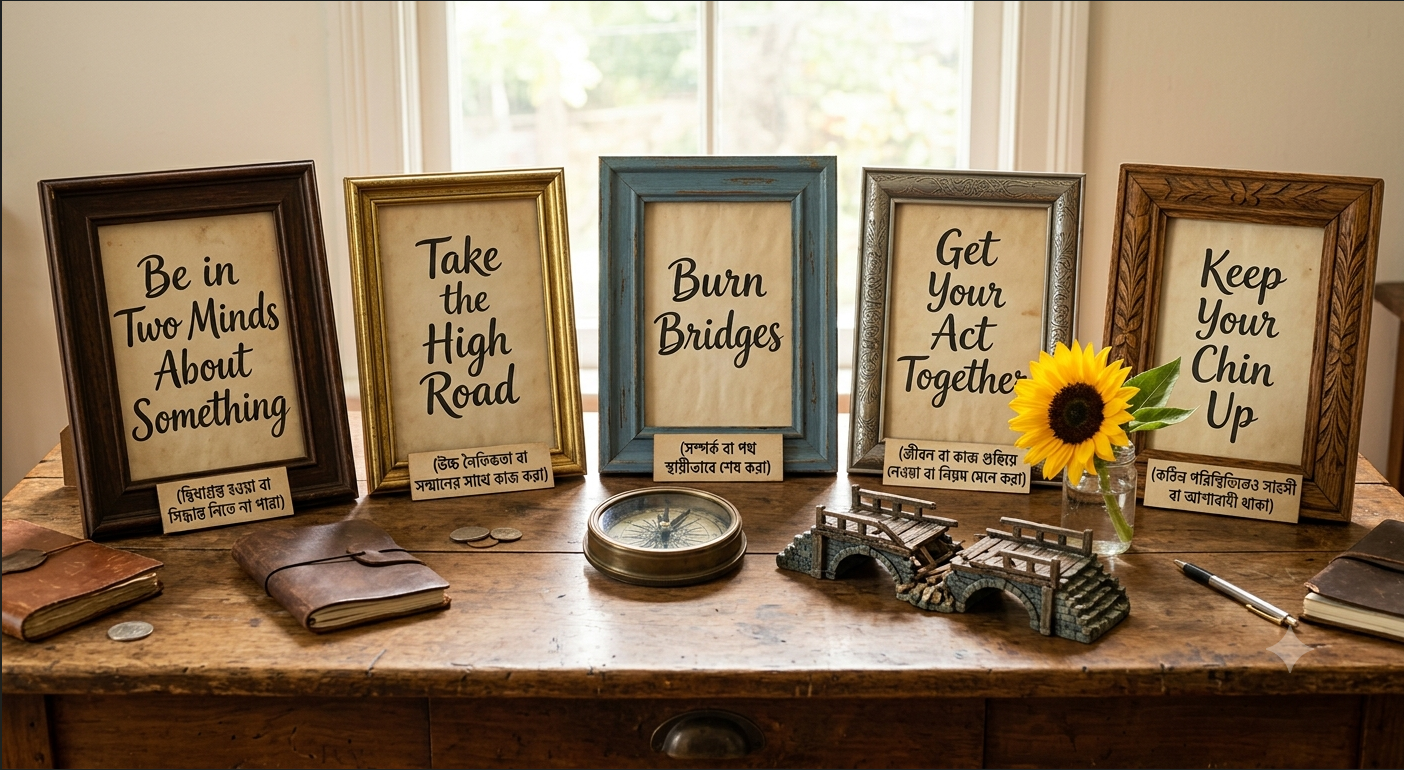 Be in two minds about something, Take the high road, Burn bridges, Get your act together, Keep your chin up