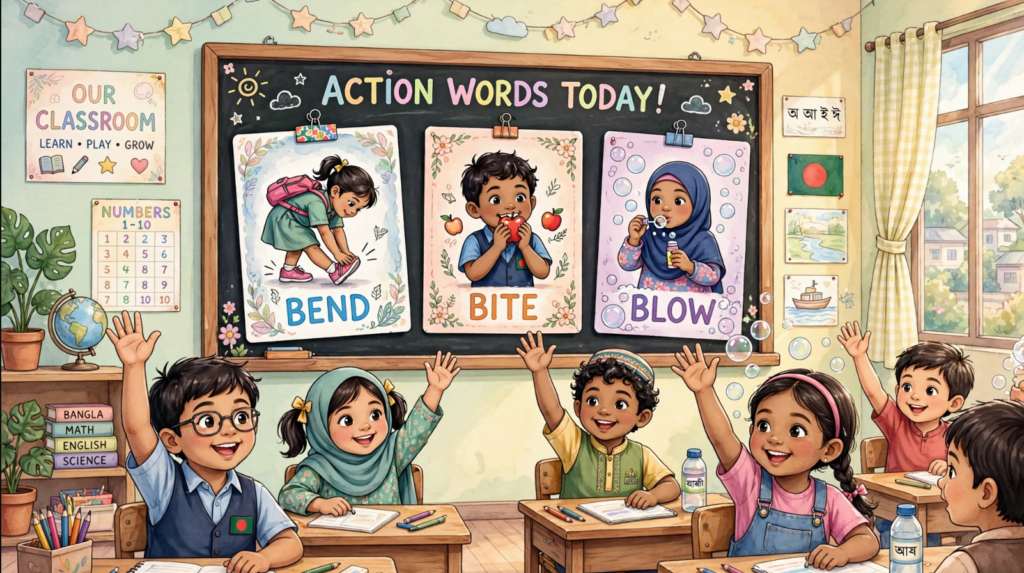 Bend Bite Blow action verbs kids class Bangladesh