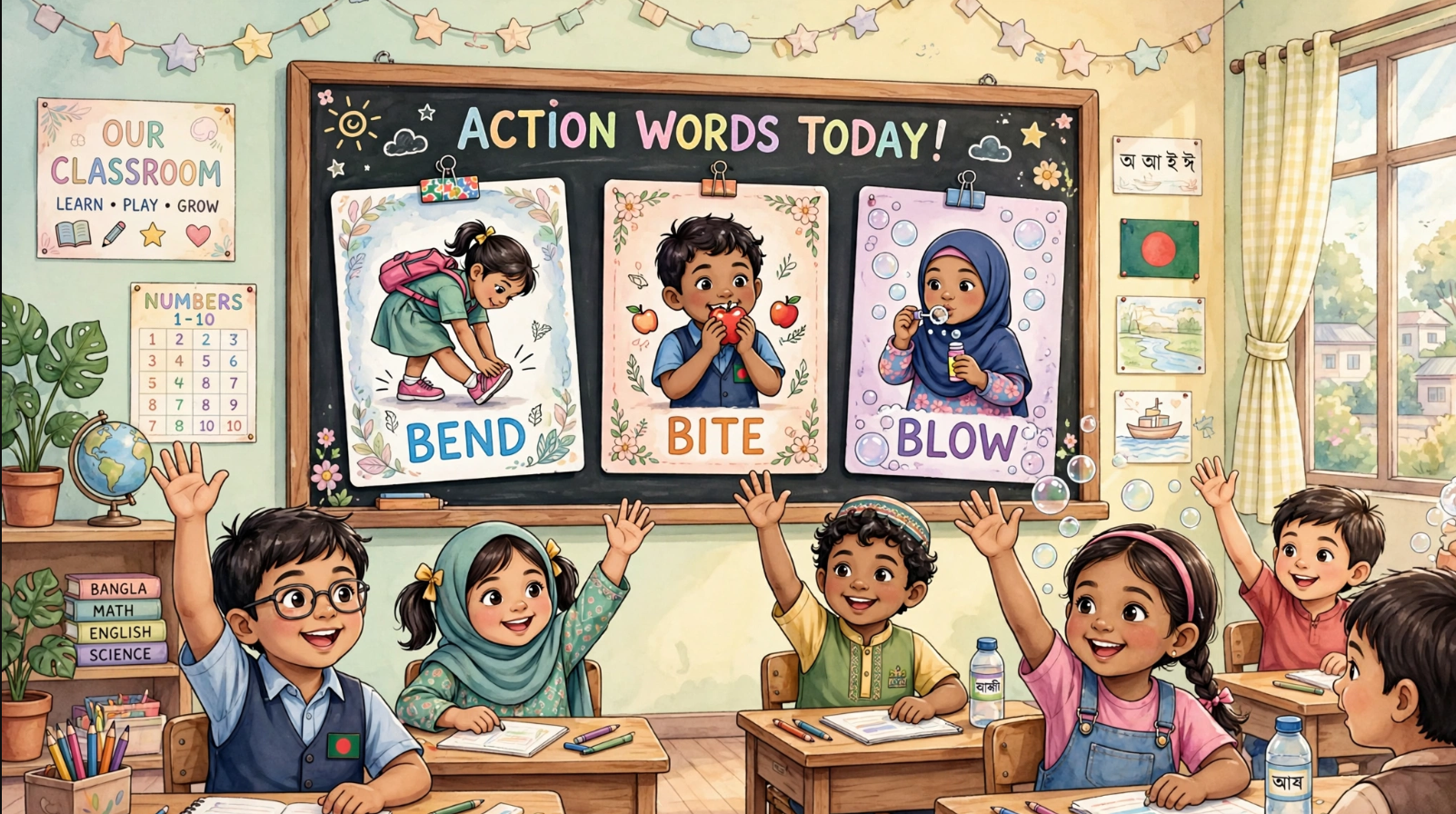 Bend Bite Blow action verbs kids class Bangladesh