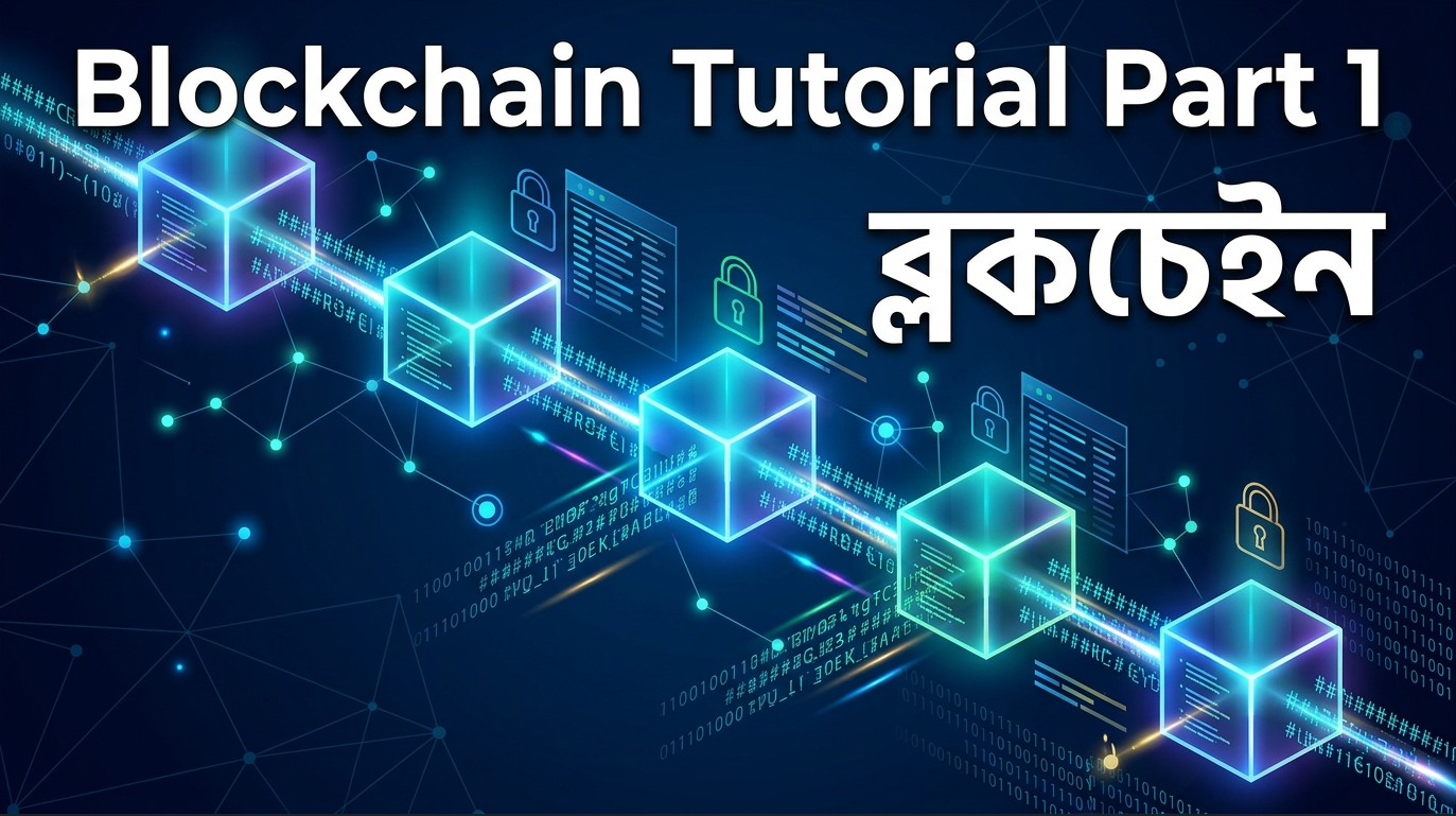 Blockchain Tutorial Part 1 in Bangla – Introduction to Blockchain Technology with blocks, hash links, and network nodes on a dark blue background.