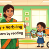 Kids learning By + Gerund with 100+ examples in English grammar with Bangla meanings and pronunciation in a colorful classroom illustration