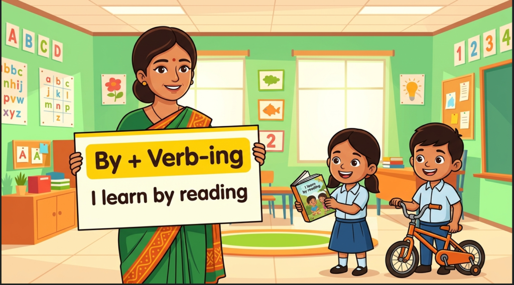 Kids learning By + Gerund with 100+ examples in English grammar with Bangla meanings and pronunciation in a colorful classroom illustration