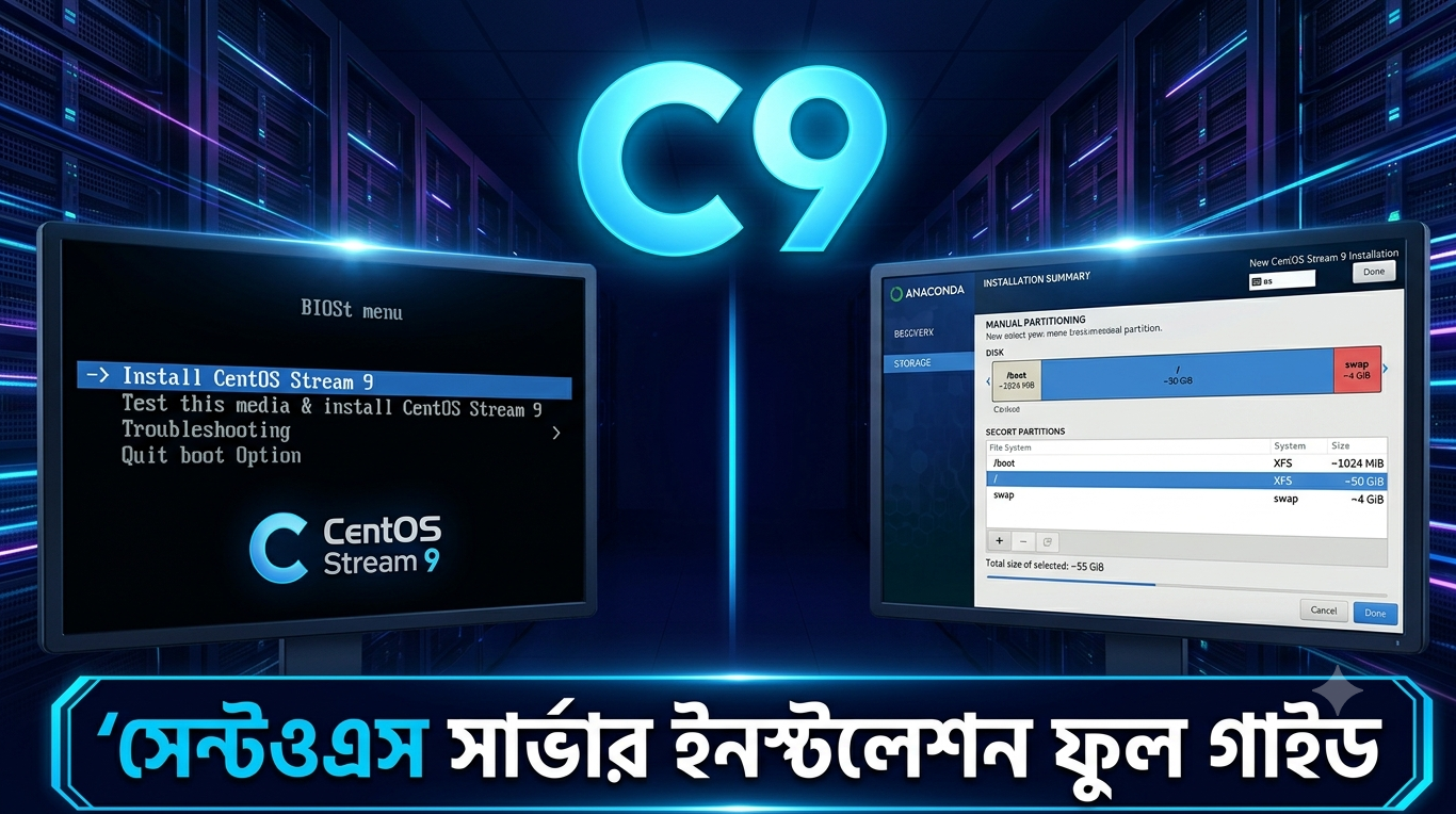 CentOS Stream 9 ইনস্টলেশনের Anaconda GUI ইন্টারফেস এবং পার্টিশন কনফিগারেশন দেখানো বাংলা টিউটোরিয়ালের ফিচার ইমেজ
