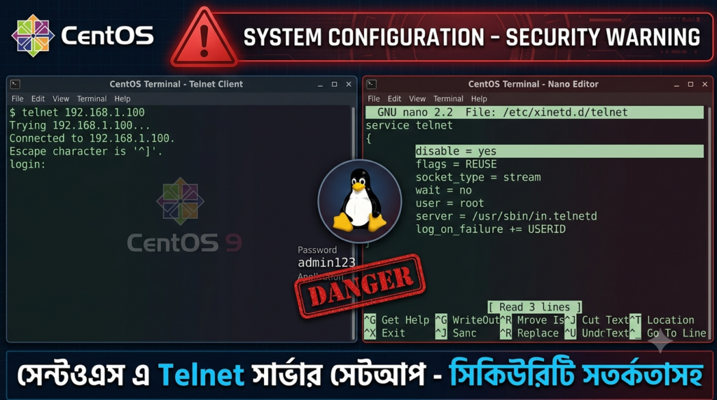 CentOS Stream 9 টার্মিনালে telnet কমান্ড ও xinetd কনফিগারেশন ফাইল দেখানো বাংলা টিউটোরিয়ালের ফিচার ইমেজ