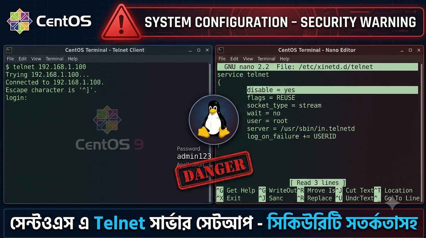 CentOS Stream 9 টার্মিনালে telnet কমান্ড ও xinetd কনফিগারেশন ফাইল দেখানো বাংলা টিউটোরিয়ালের ফিচার ইমেজ