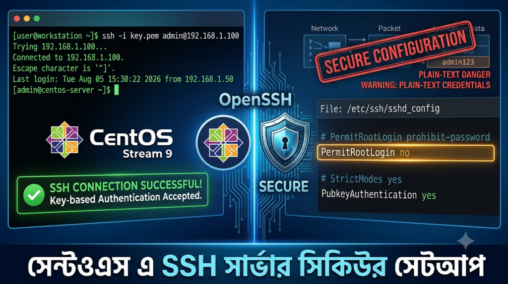CentOS টার্মিনালে SSH Key-Based লগইন এবং sshd_config ফাইলের সিকিউরিটি কনফিগারেশন দেখানো বাংলা টিউটোরিয়ালের ফিচার ইমেজ