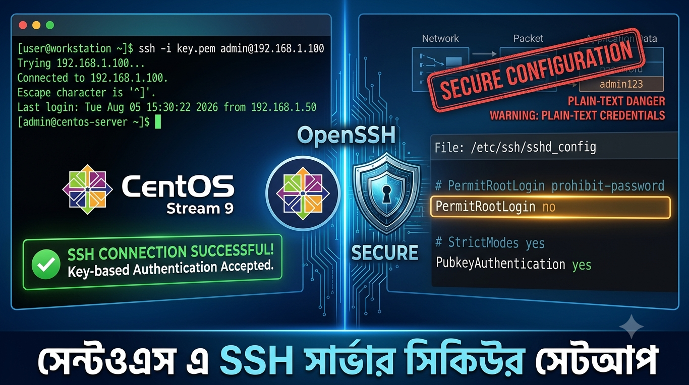 CentOS টার্মিনালে SSH Key-Based লগইন এবং sshd_config ফাইলের সিকিউরিটি কনফিগারেশন দেখানো বাংলা টিউটোরিয়ালের ফিচার ইমেজ