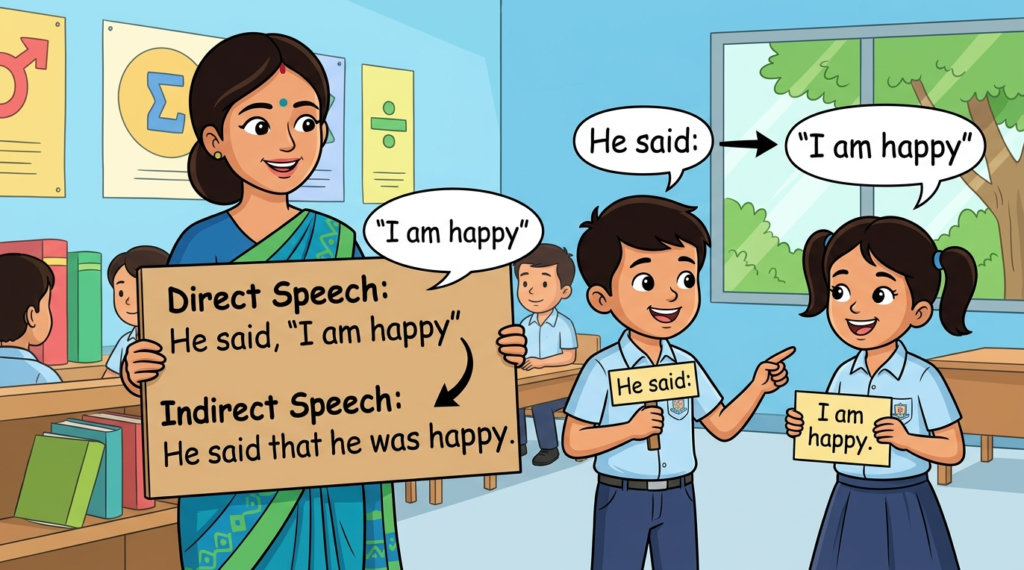 Kids learning Direct/Indirect Speech (Narration) with 100+ examples in English grammar with Bangla meanings and pronunciation in a colorful classroom illustration.