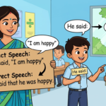 Kids learning Direct/Indirect Speech (Narration) with 100+ examples in English grammar with Bangla meanings and pronunciation in a colorful classroom illustration.