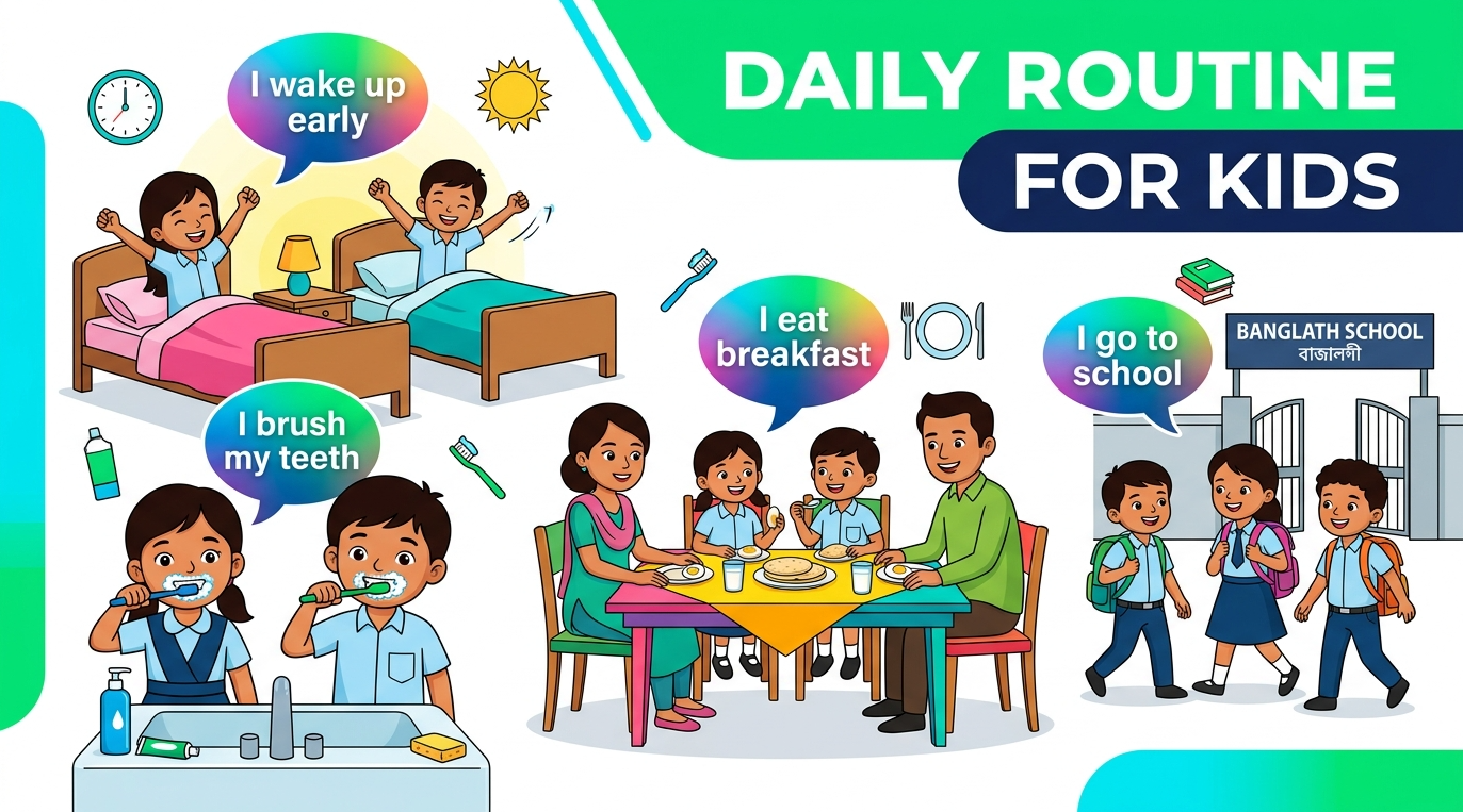 Educational infographic illustration showing kids practicing daily English phrases and sentence building step by step.