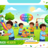 Educational vector illustration showing children practicing courtesy phrases and sentence building during playtime.